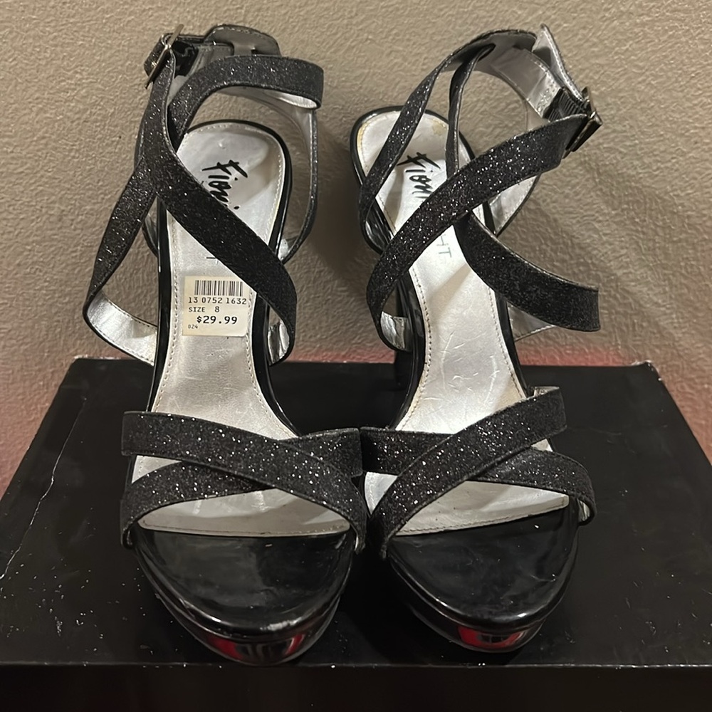Fioni Night Black Sparkle Strap Heels Size 8